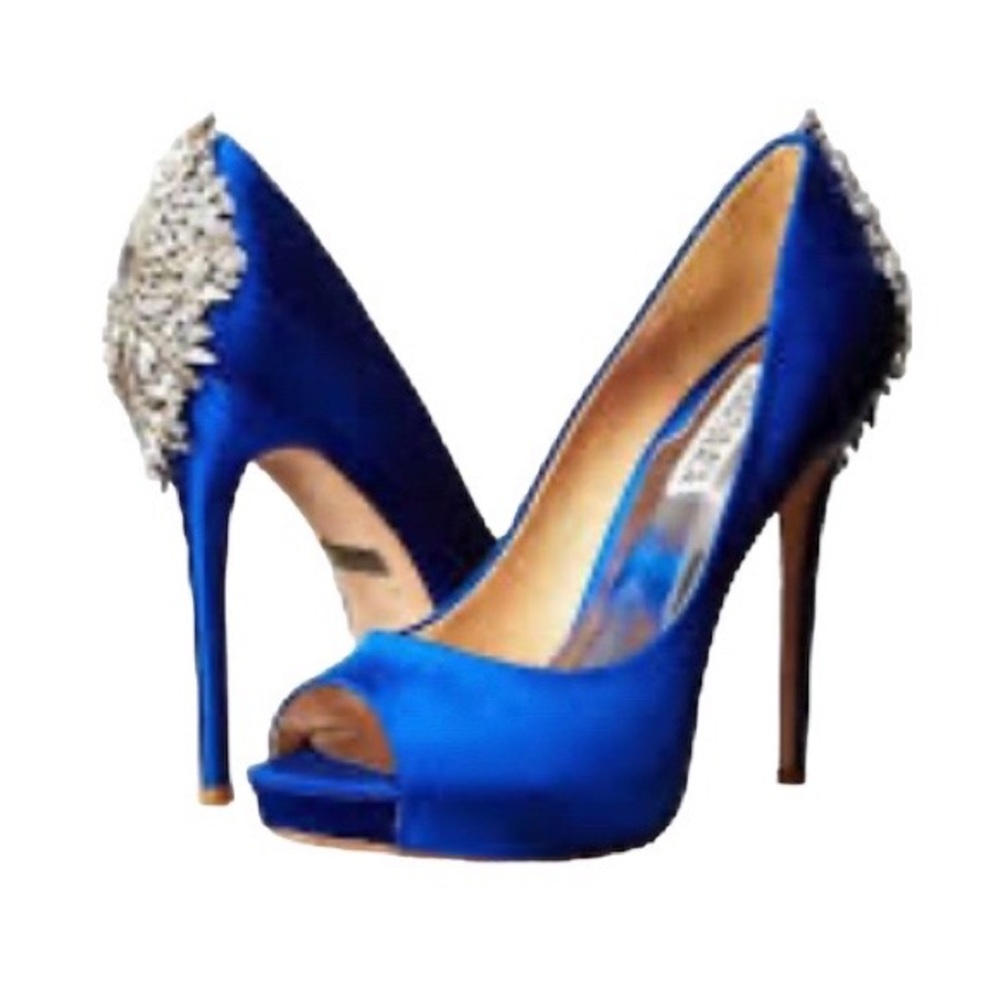 Badgley Mischka Blue Satin Peep-Toe Pumps with Silver Crystal Accent